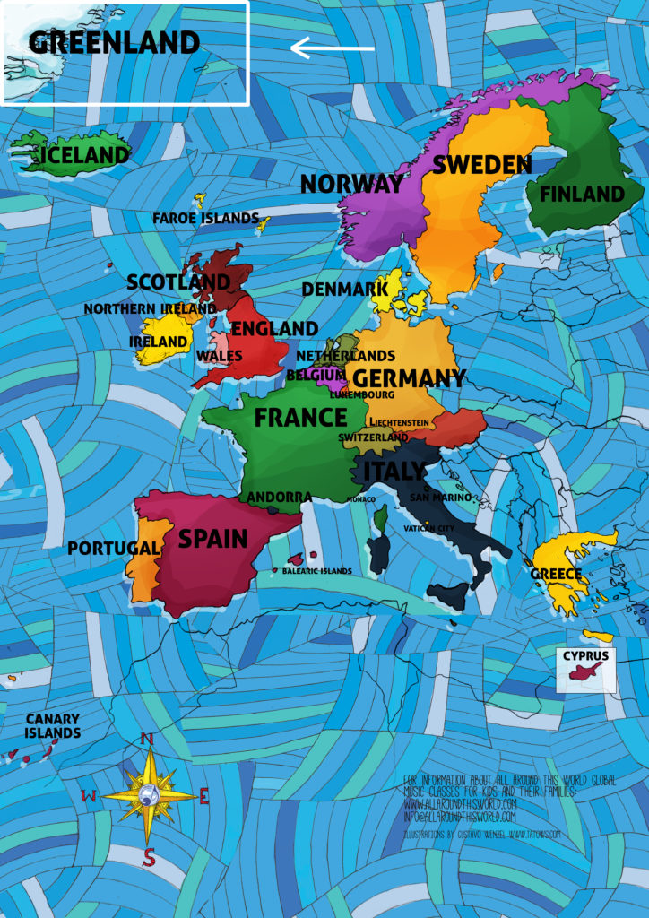 All Around This World map of Western Europe featuring Greenland